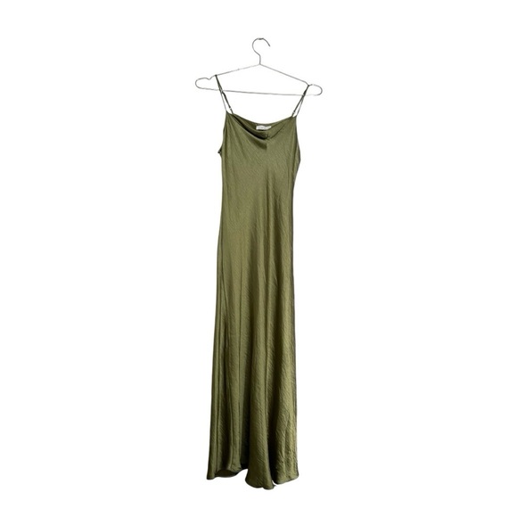 OAK + FORT Cowl Neck Satin Midi Dress in Olive Green - Picture 3 of 12
